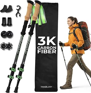 Trekology 3K Carbon Fiber Trekking Poles (210g) - Pair of Ultralight Hiking Poles with Cor